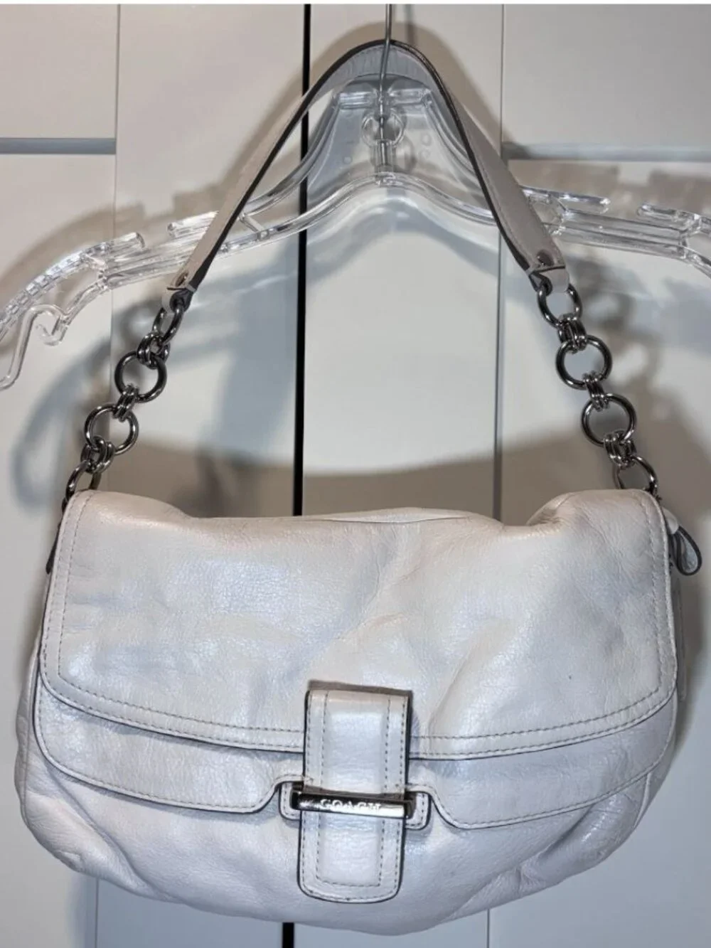 COACH 23346 White Leather Pebbled Shoulder Bag Hobo Purse Handbag Silver